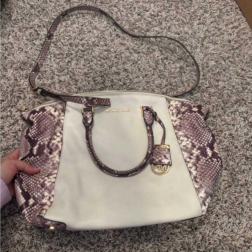 Michael Kors Cream Tote with Mauve Snake-Print Trim